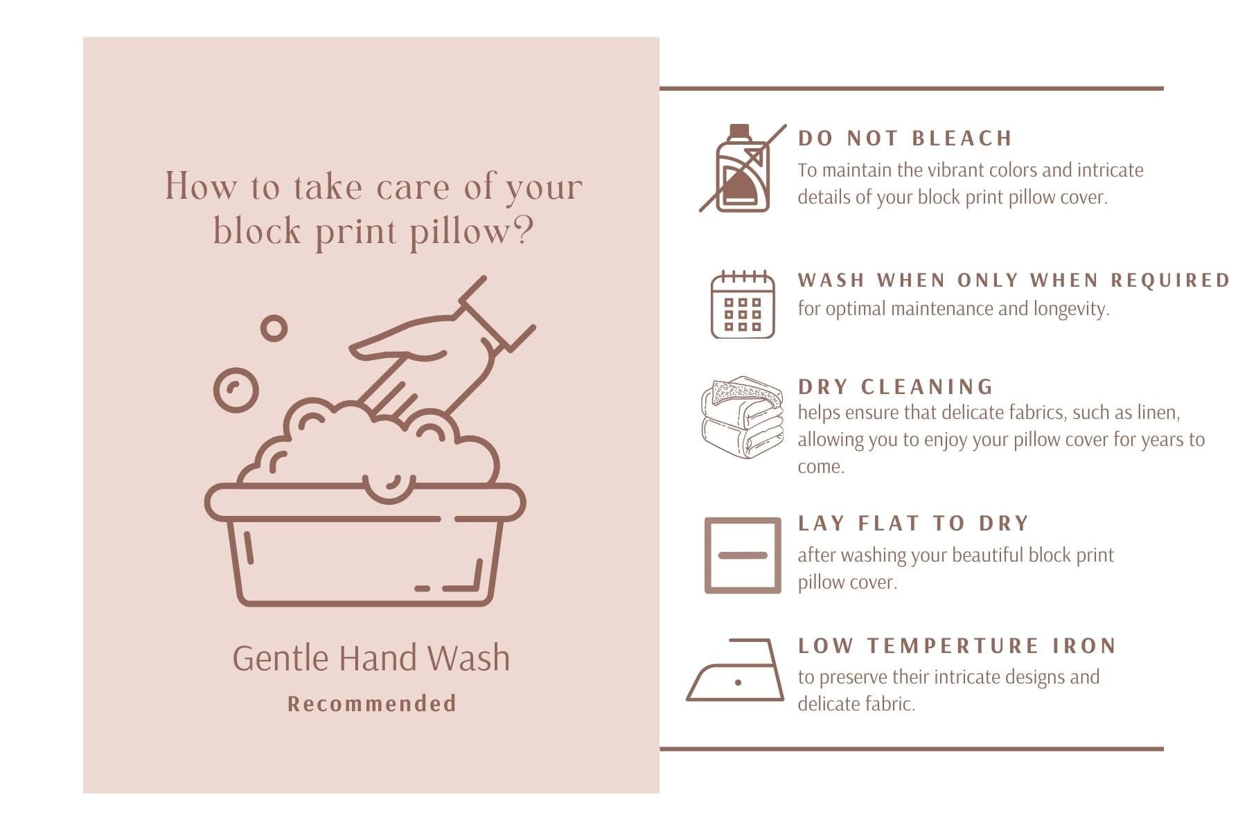 Care instructions for a block print pillow with illustrations and text 


