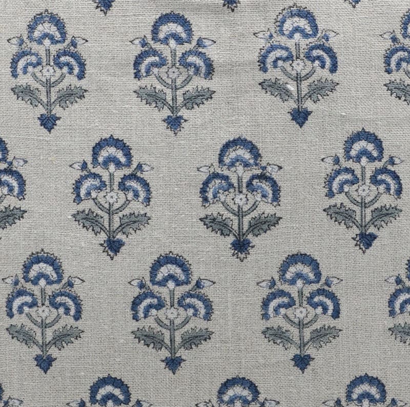 Patterned fabric with blue floral design on a gray background

