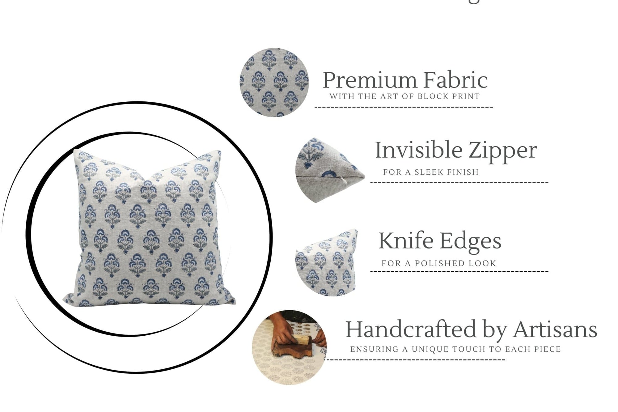Decorative pillow with block print design, features listed on a white background


