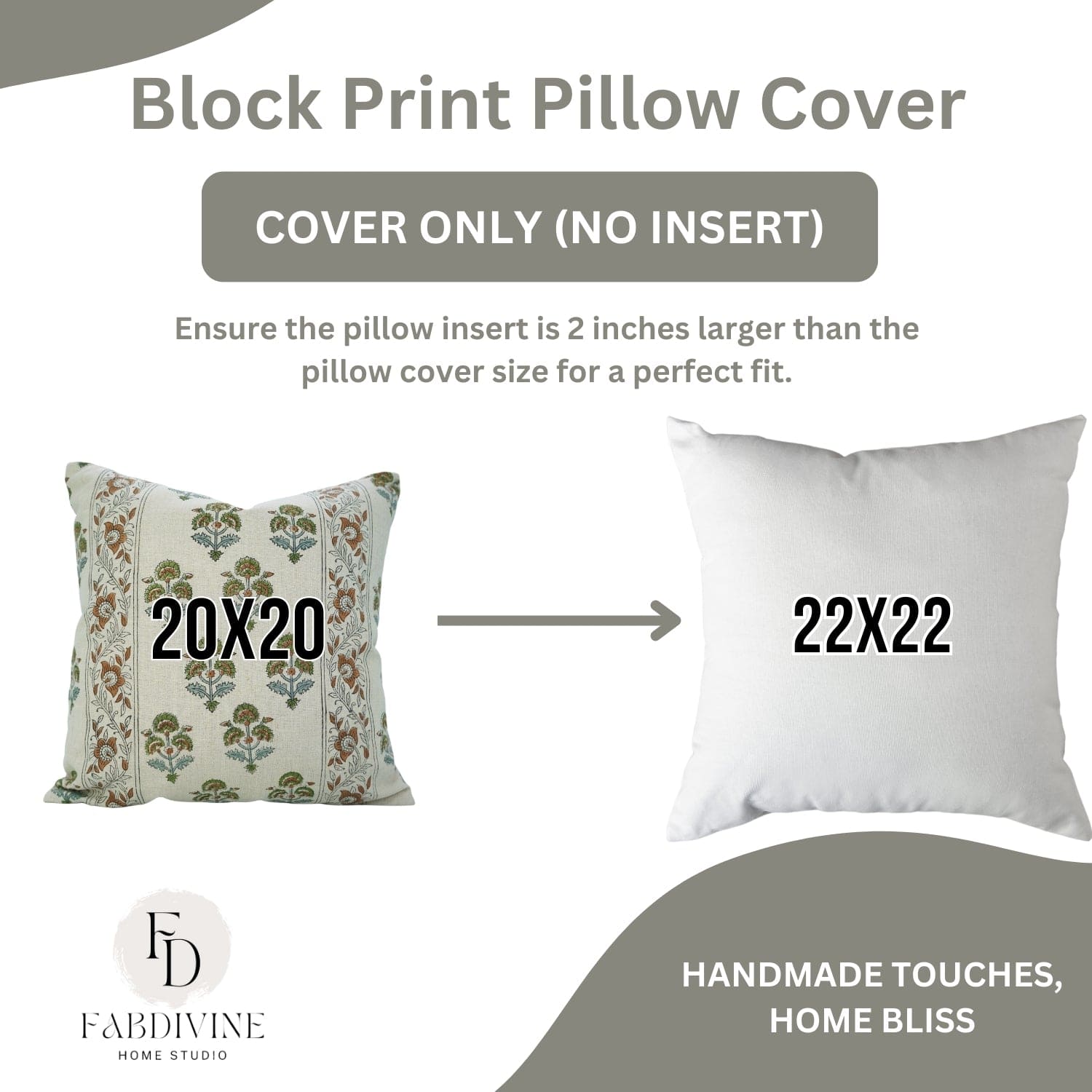 Block print pillow cover with dimensions 20x20 and 22x22, featuring FabDivine Home Studio branding.


