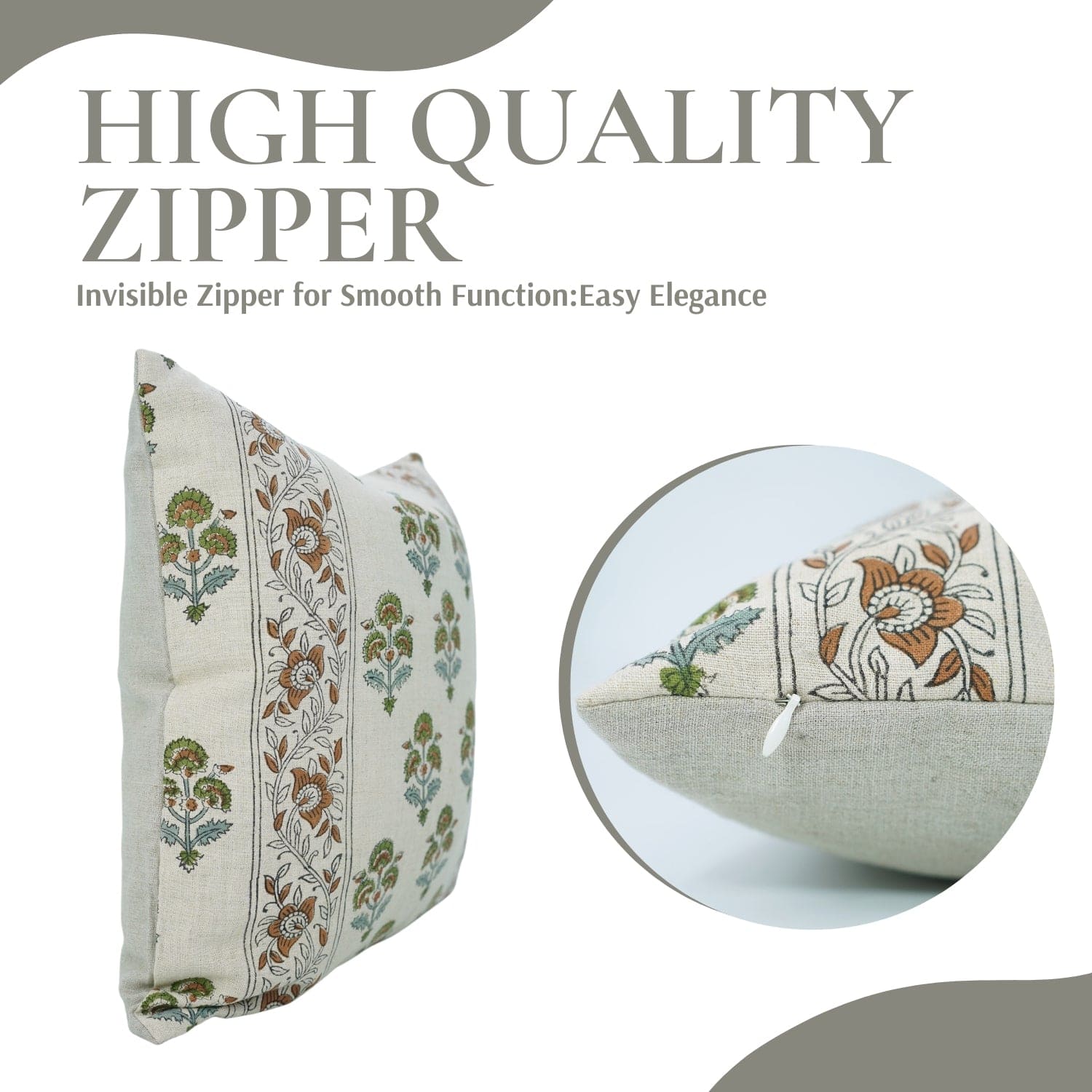 Decorative pillow with floral pattern and zipper, featuring text about high-quality zipper.

