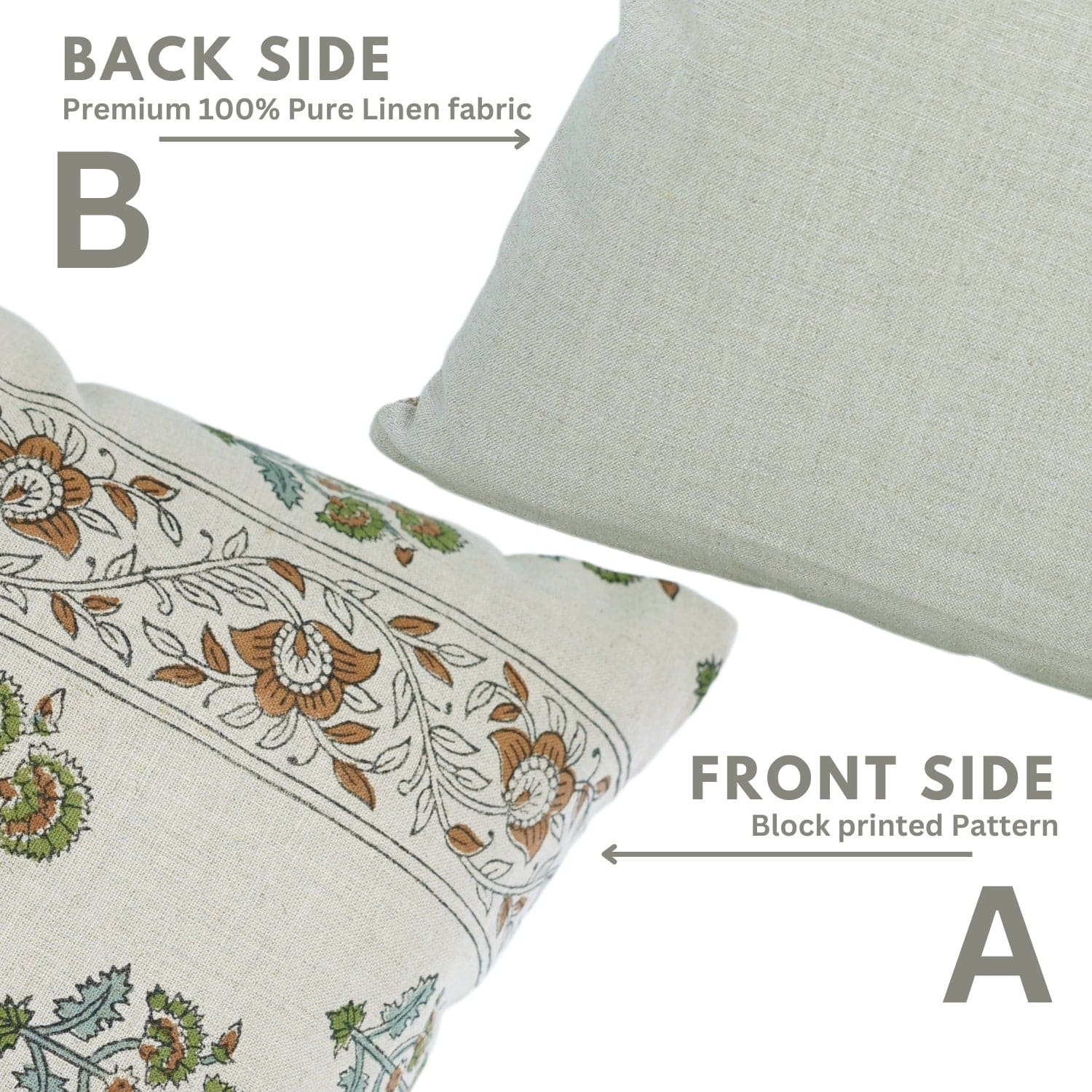 Two pillows, one with floral pattern and one with plain fabric