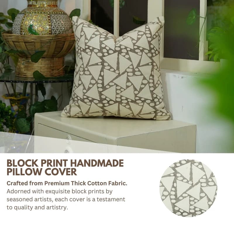 Block Printed Green Floral Pillow Cover - Triangle