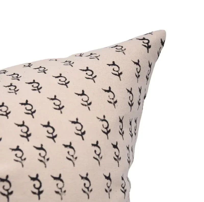 Decorative pillow with black text pattern on beige duck canvas fabric