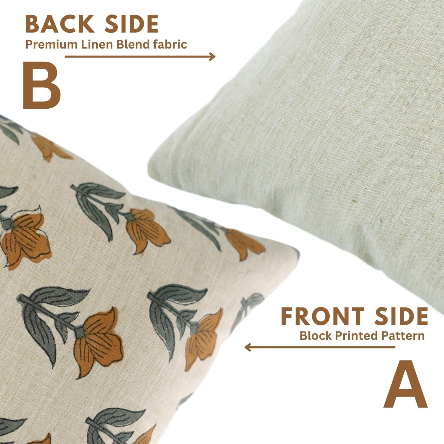 Block Print Linen Orange Floral Cushion Case - Tulip