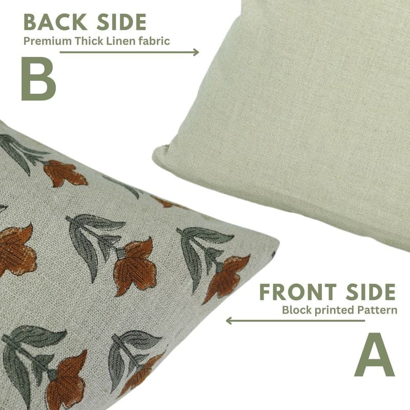 Block Printed Linen Brown Pillow Cover - Tulip