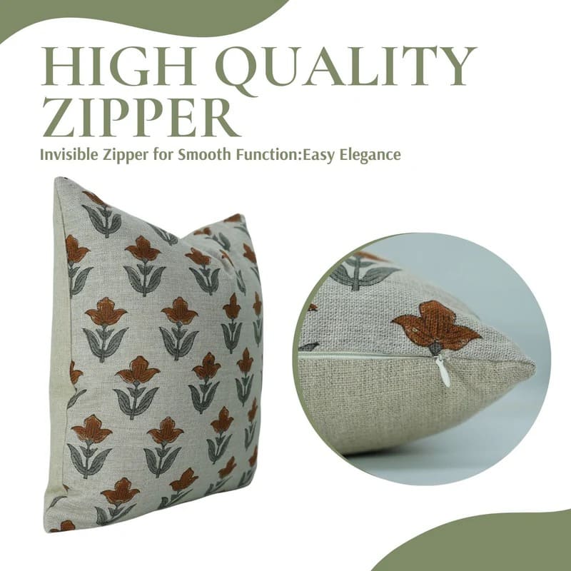 Block Printed Linen Brown Pillow Cover - Tulip