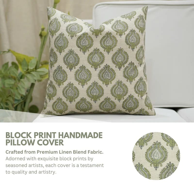 Block Print Green Floral Throw Cover - Uday