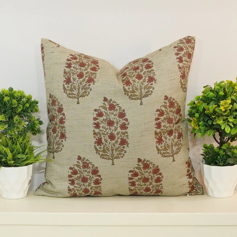 Handmade Brown Floral Linen Pillow - Virat