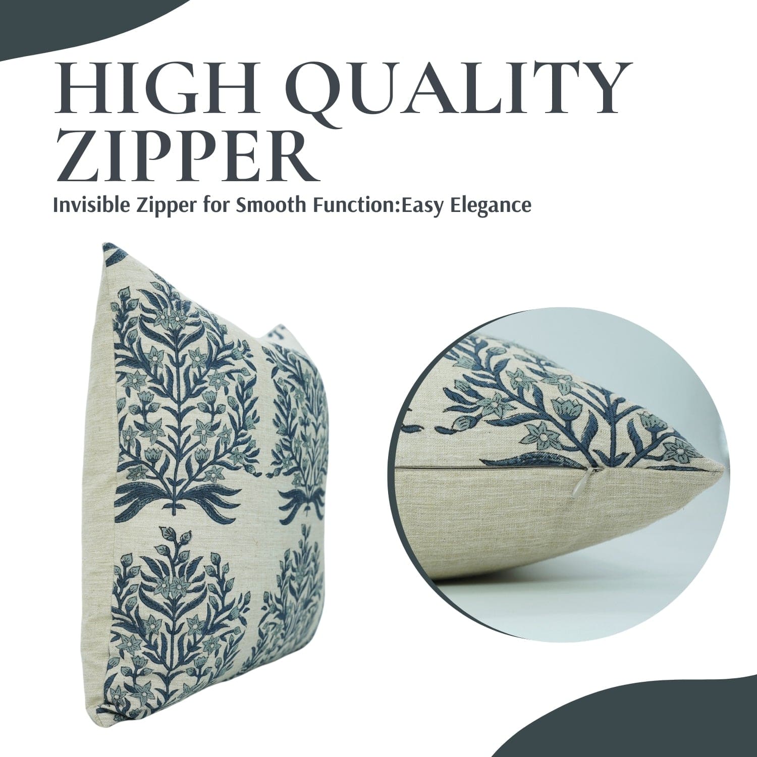 Decorative pillow with floral pattern and close-up of zipper on a white