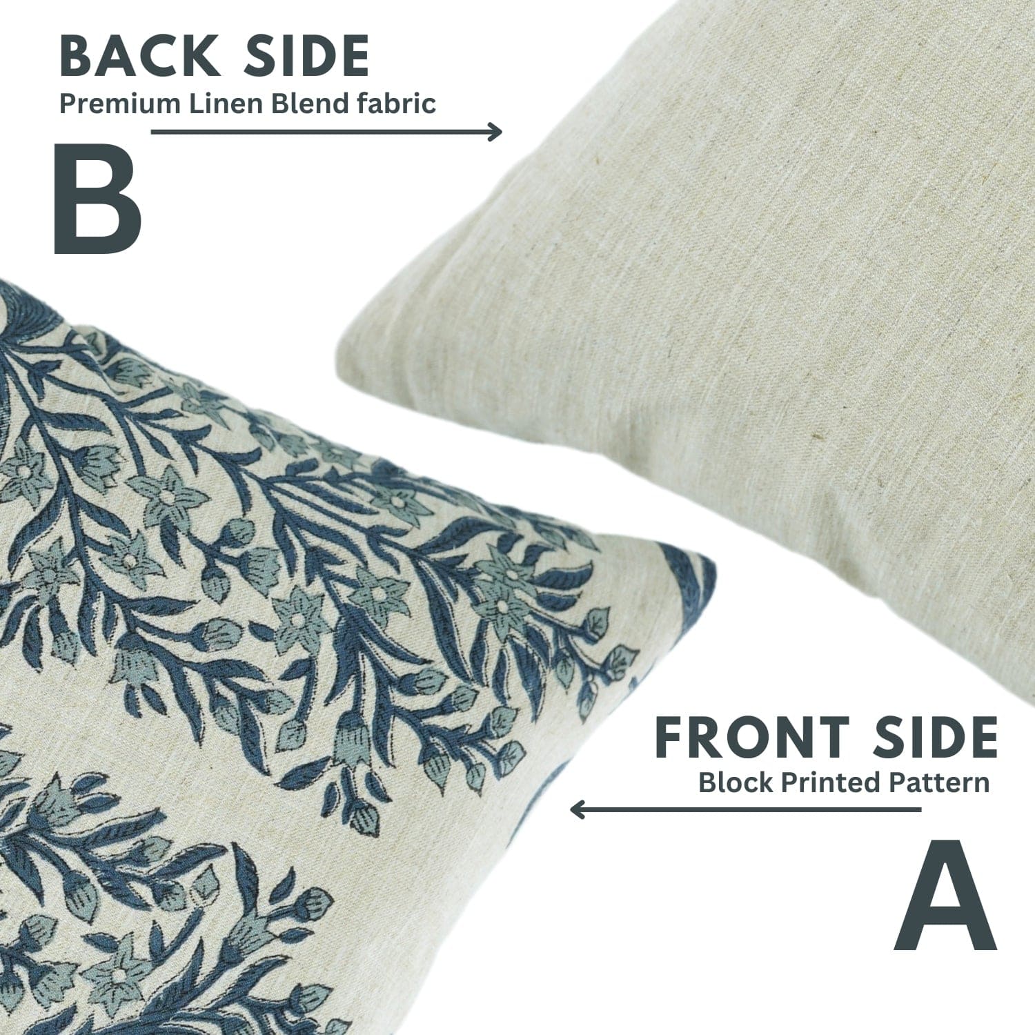 Two pillows showing front and back sides with floral pattern and plain fabric.

