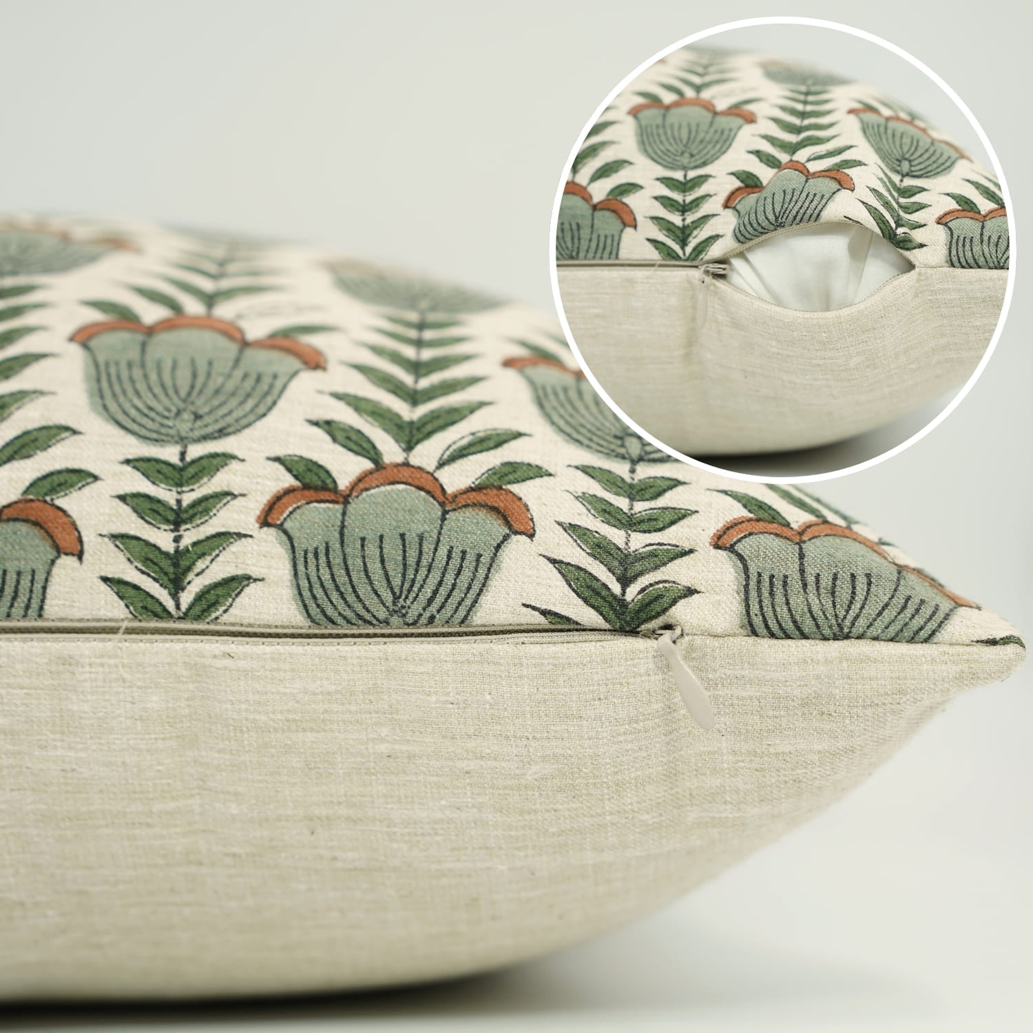 Fabdivine hand block print cushion cover with lotus pattern in linen blend fabric for home décor.