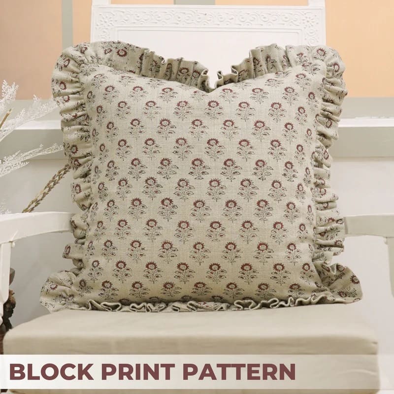 Handmade Floral Linen Frill Pillow Cover || Bagru Buti