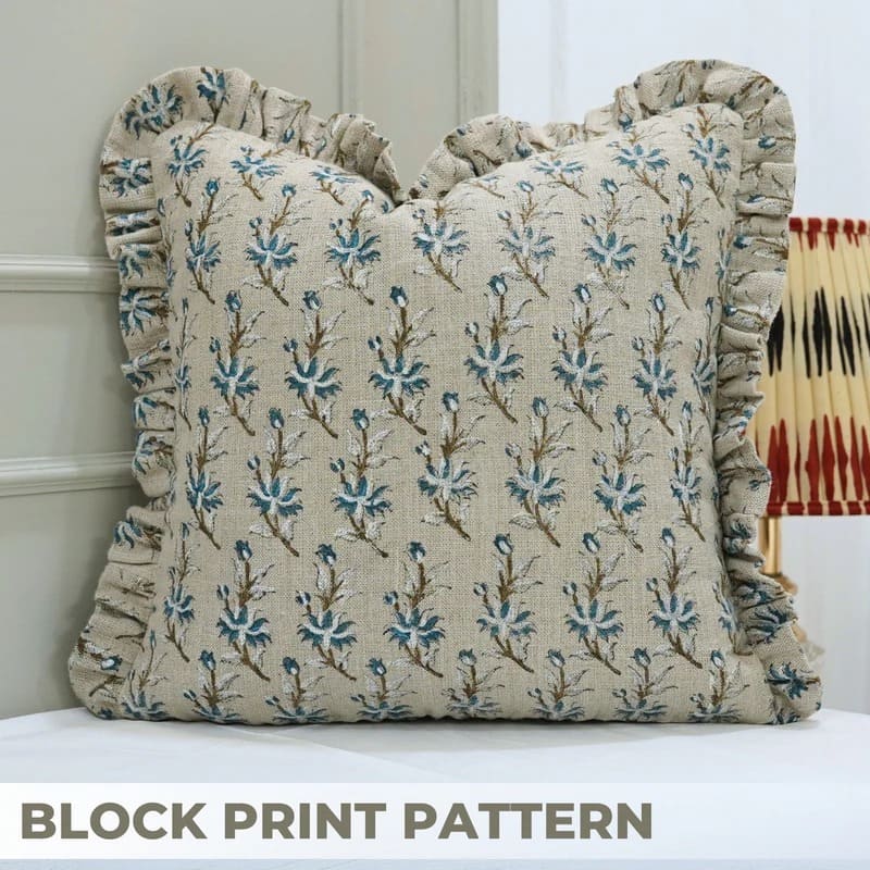 Block Printed Blue Floral Frill Cushion Case - Deepika