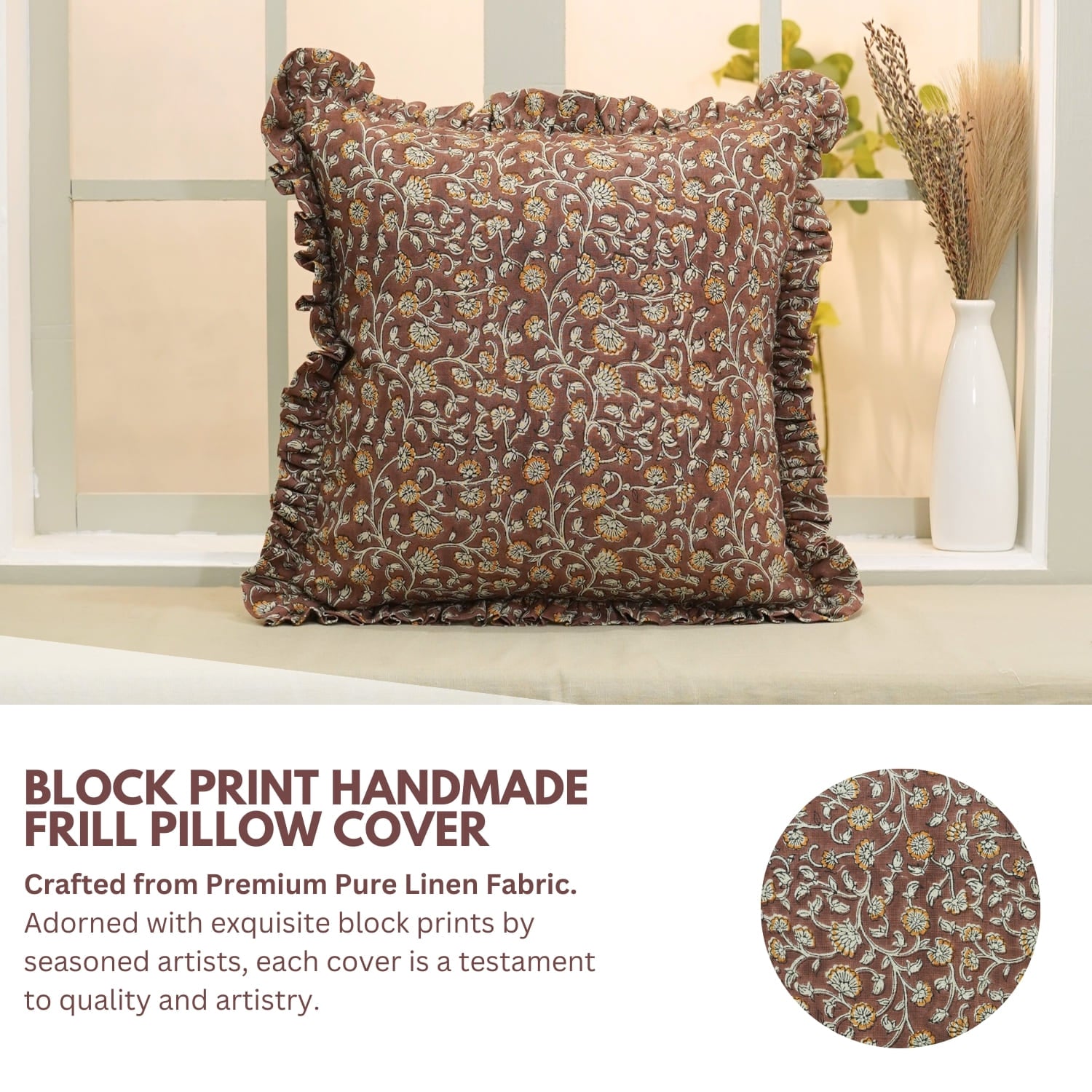 Block print handmade frill pillow cover on a window sill with decorative elements.