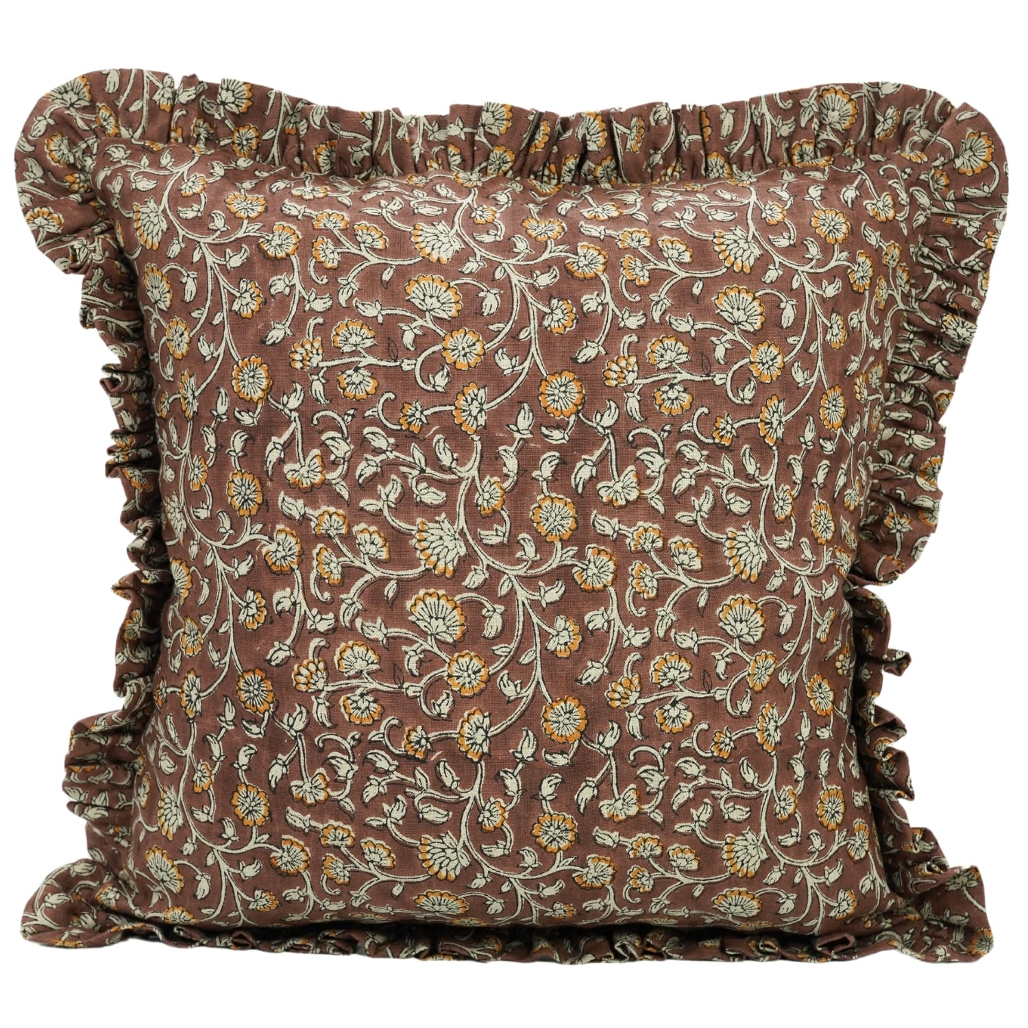 Fabdivine handmade Frill Brown block print pillow cover
