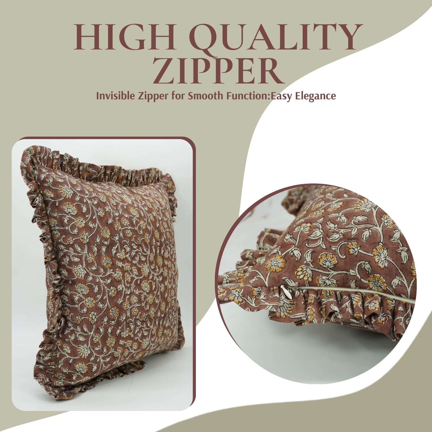 Fabdivine handmade Frill Brown block print pillow cover
