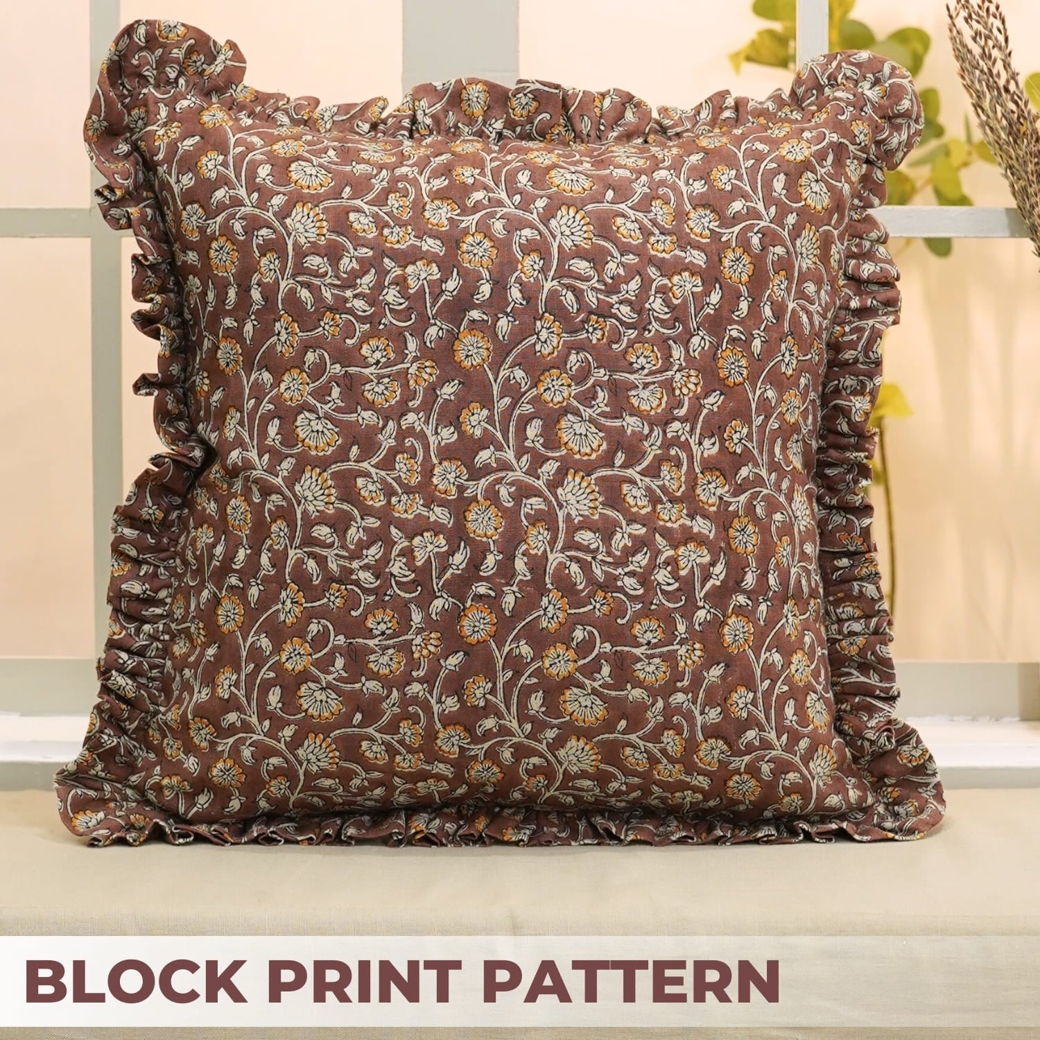 Fabdivine handmade Frill Brown block print pillow cover
