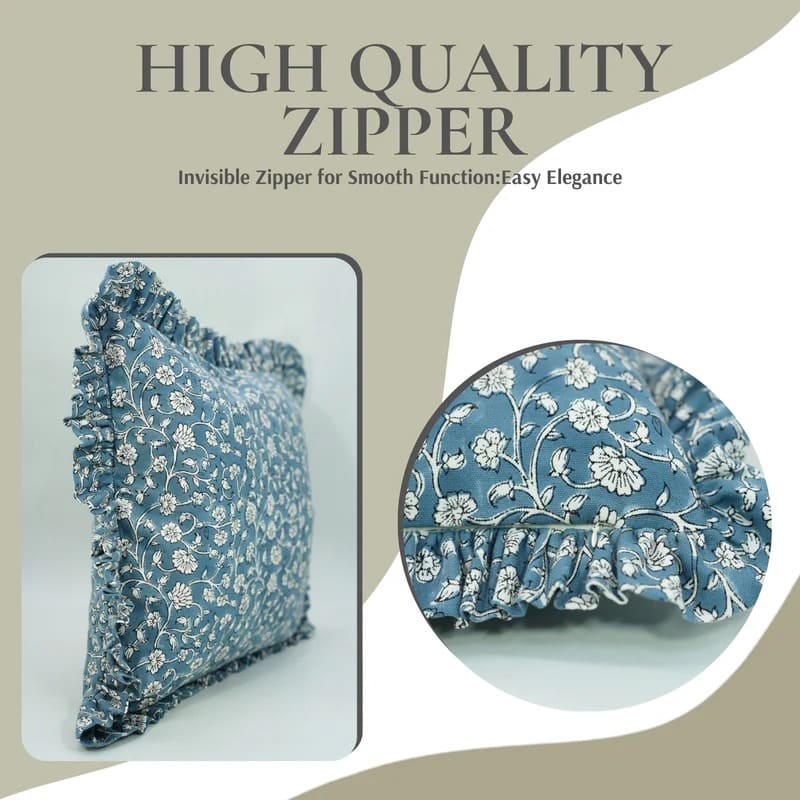 Hand Block Blue Floral Frill Throw Cover - Himachal