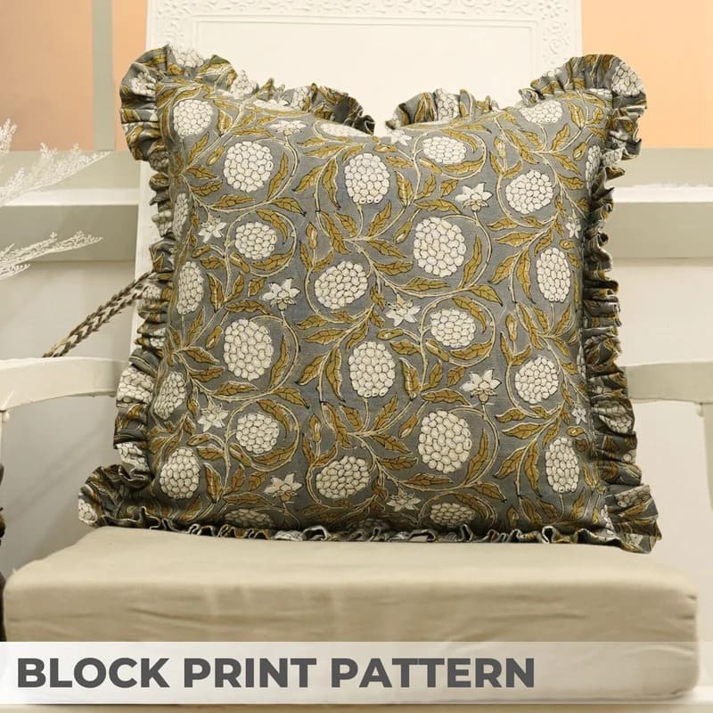 Block Printed Pure Linen Frill Pillow Cover - Meraki