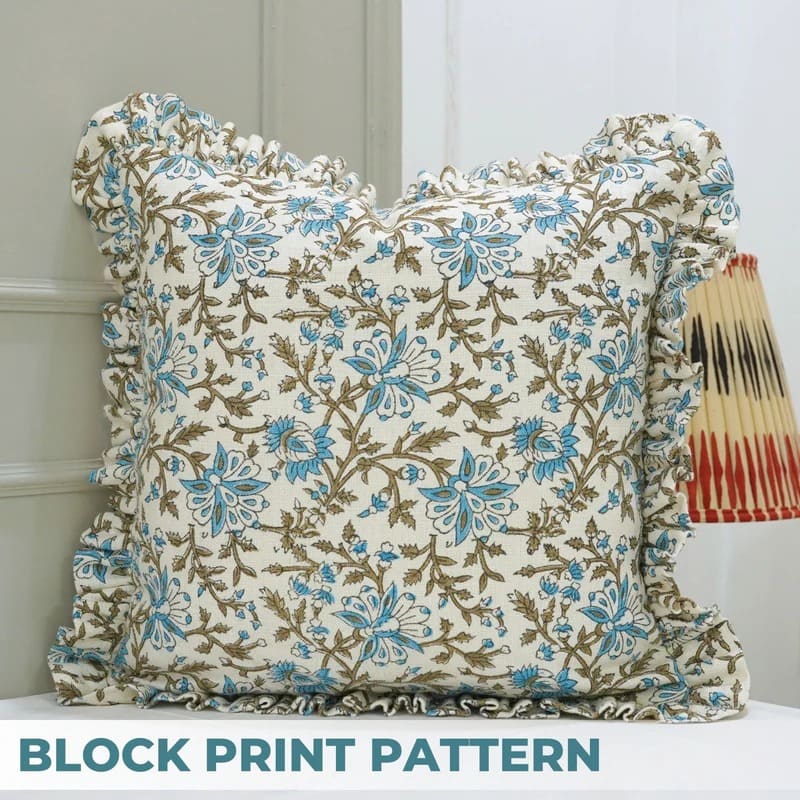 Indian Blue Floral Linen Frill Pillow Case - Neera Bel