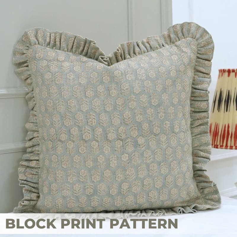 Handmade Gray Floral Frill Cushion Cover || Tulsi Buti