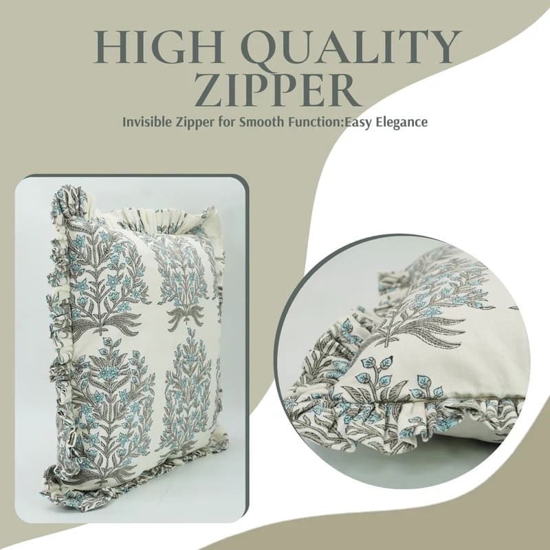 Indian Blue Floral Frill Pillow Cover - Vrindavan