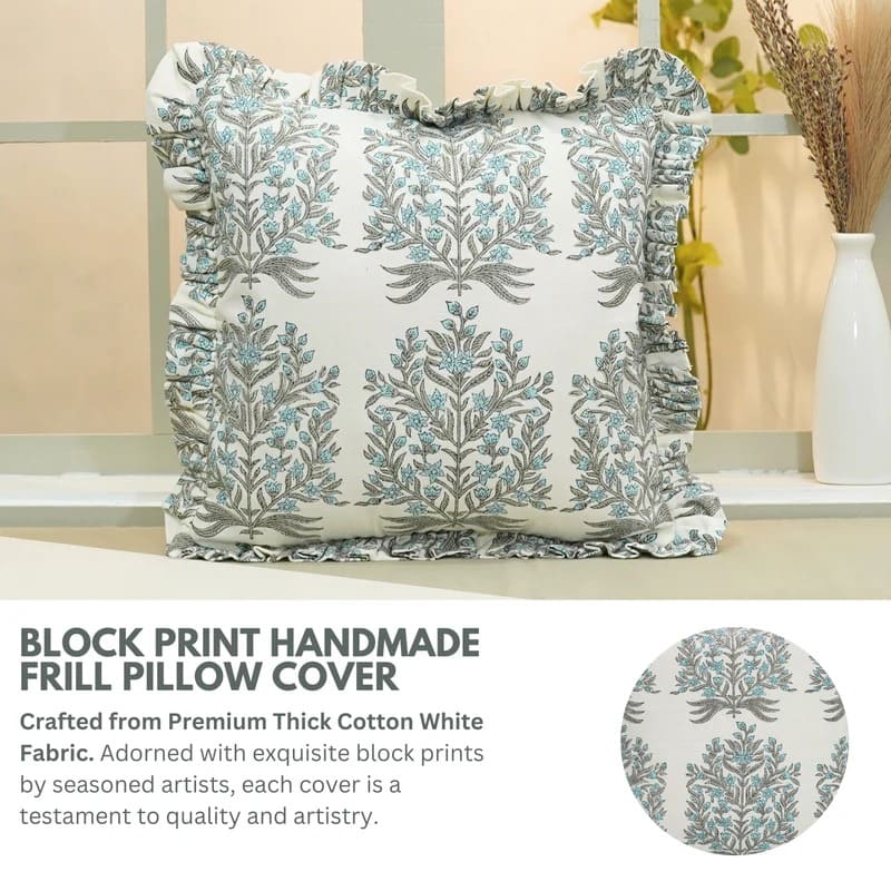 Indian Blue Floral Frill Pillow Cover - Vrindavan