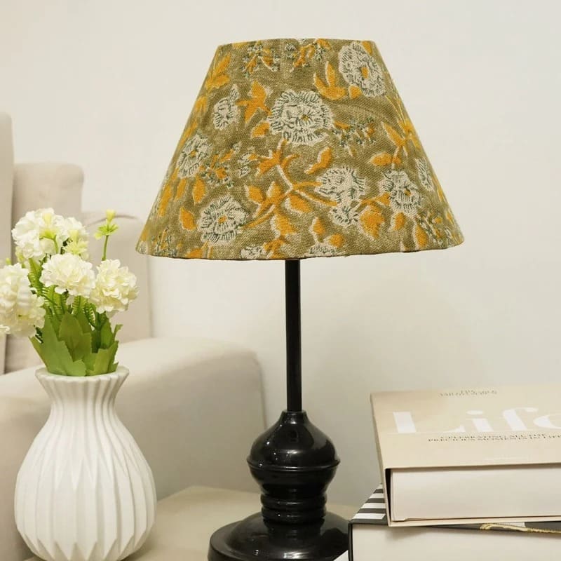 Tall cone lampshade with artisan block printed fabric