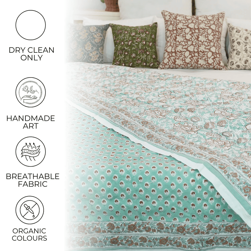 Exquisite Hand-Block Floral Printed Cotton Quilt – Timeless Elegance &amp; Cozy Comfort
