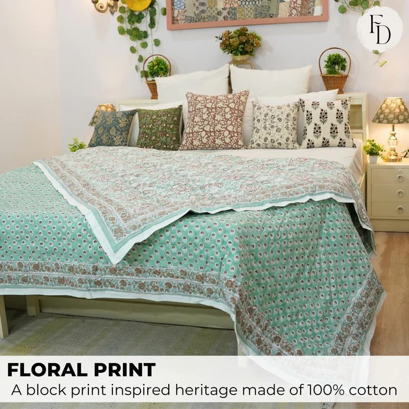 Block Print Quilt & Indian Cotton Quilt | Handblock Floral Bedding ...