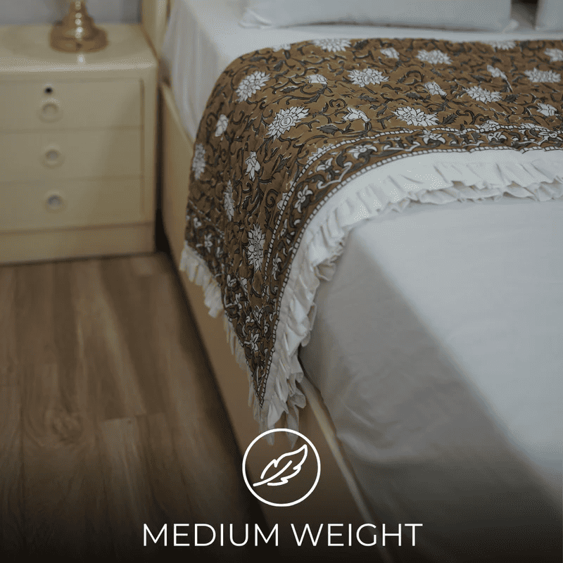 Hand Block Printed Gray and Green Floral Cotton Comfort Quilt