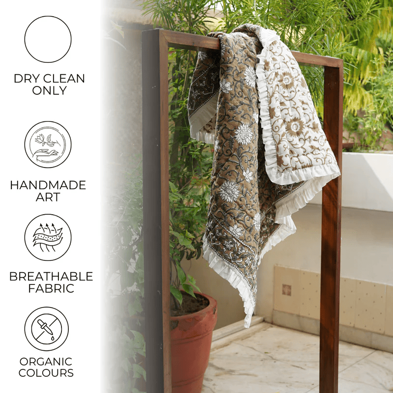 Hand Block Printed Gray and Green Floral Cotton Comfort Quilt