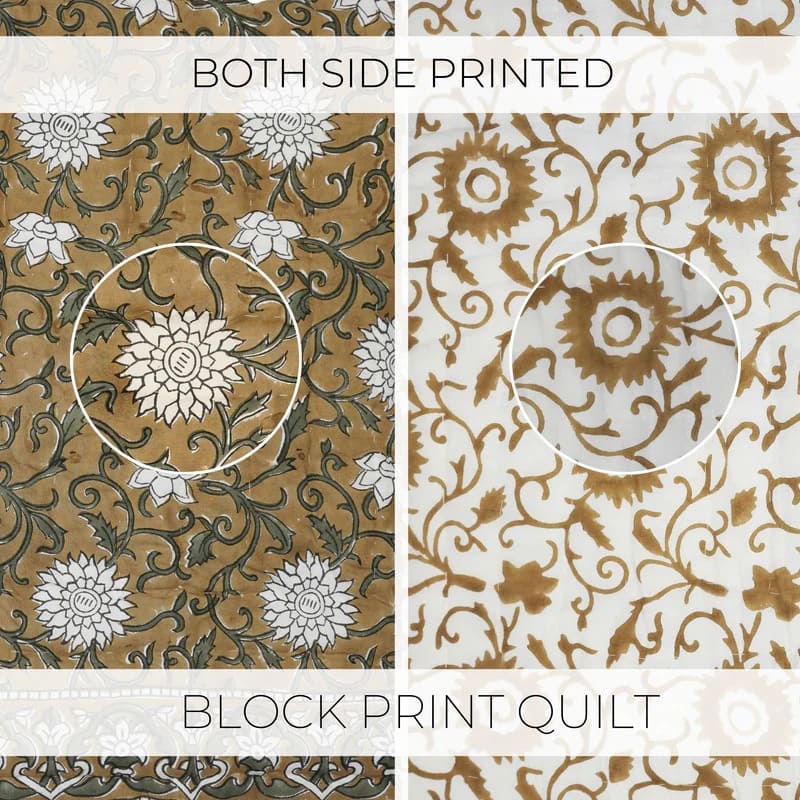 Hand Block Printed Gray and Green Floral Cotton Comfort Quilt