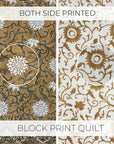 Hand Block Printed Gray and Green Floral Cotton Comfort Quilt