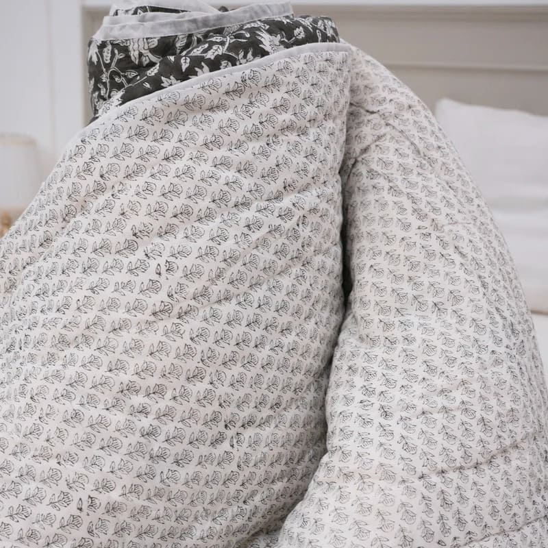 Block Print Gray Floral Cotton Quilt - Tarangini