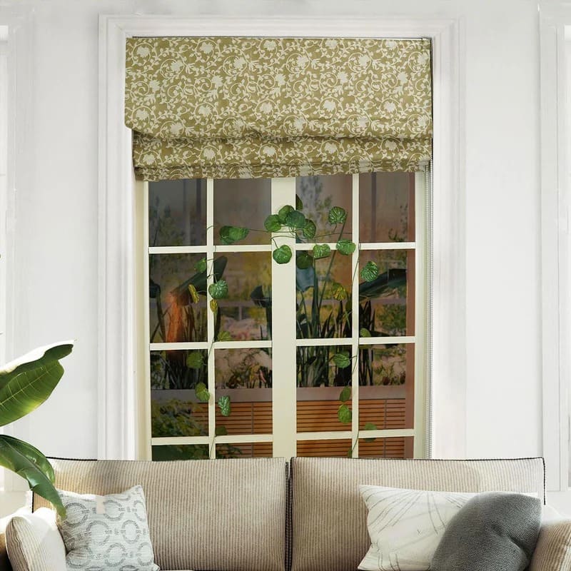 Lined Roman shades with hand print for privacy