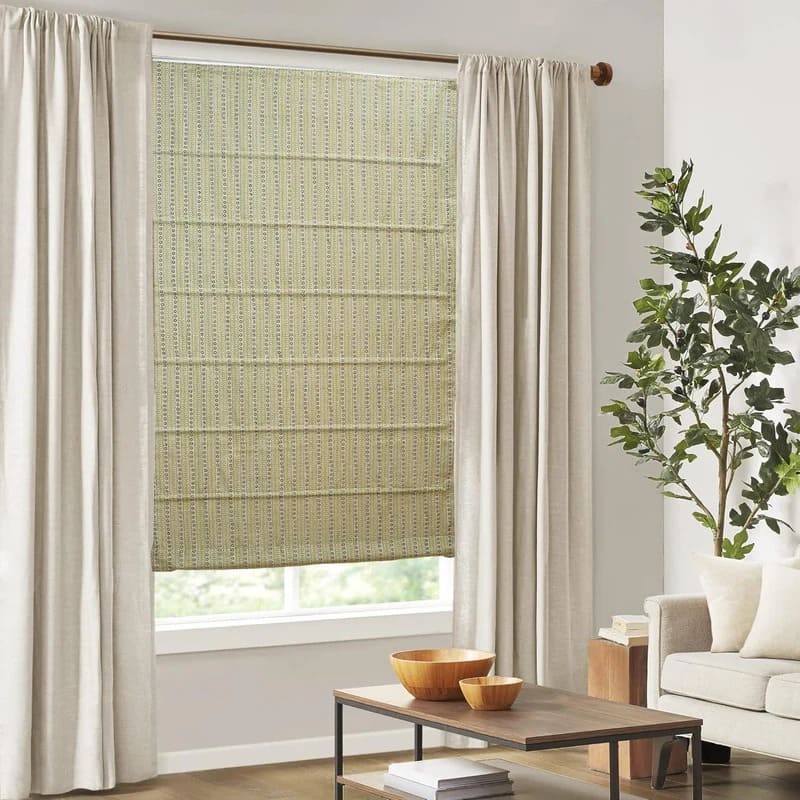 Roman shades for large windows with block print patterns