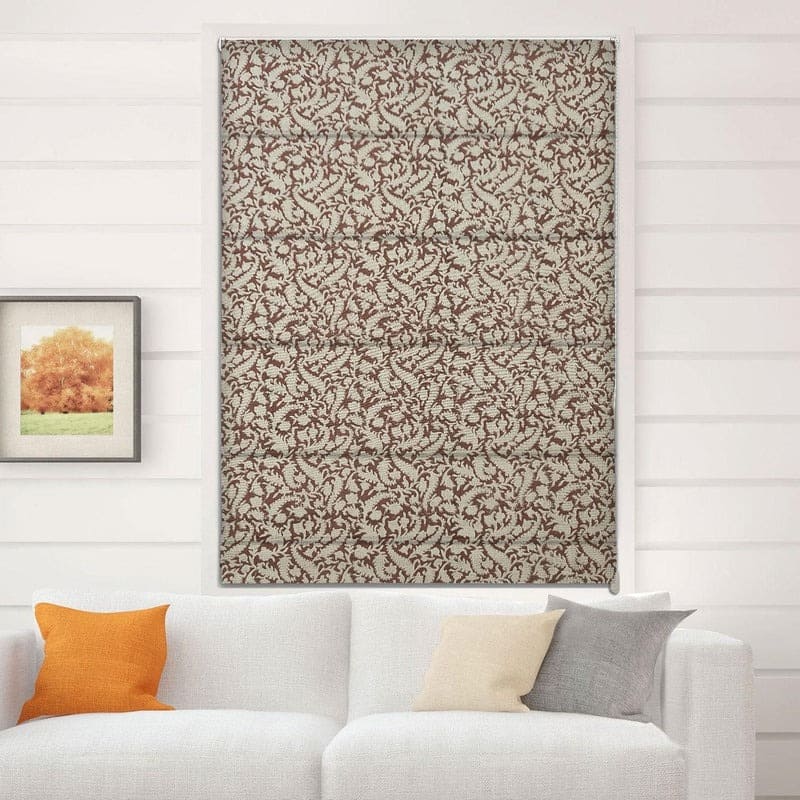 Draped Roman shades with hand print linen