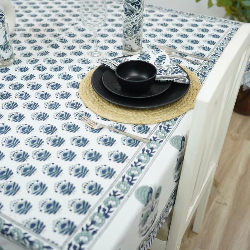 Basket linen tablecloth with cotton floral block print