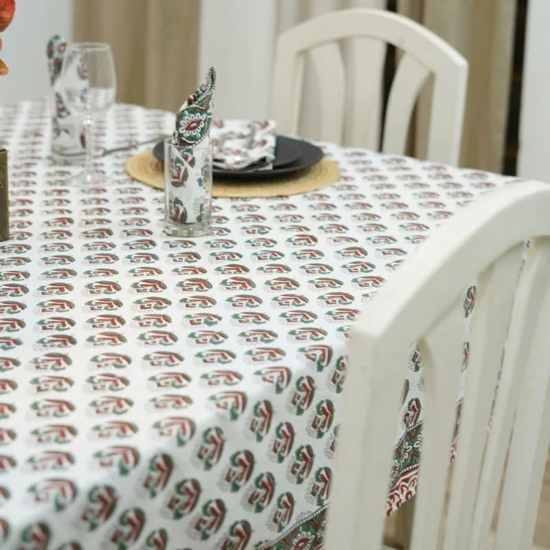 Clean bedroom design and printed table cloth