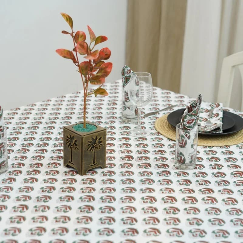 Refined bedroom decor and printed table cloth detail