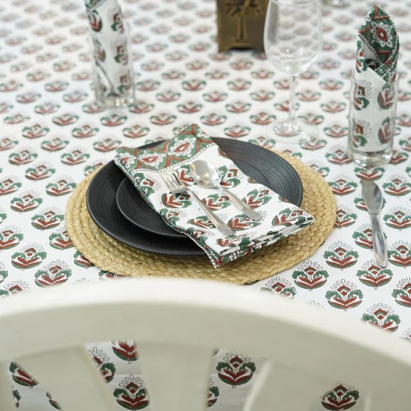 Calm bedroom palette with printed table cloth style