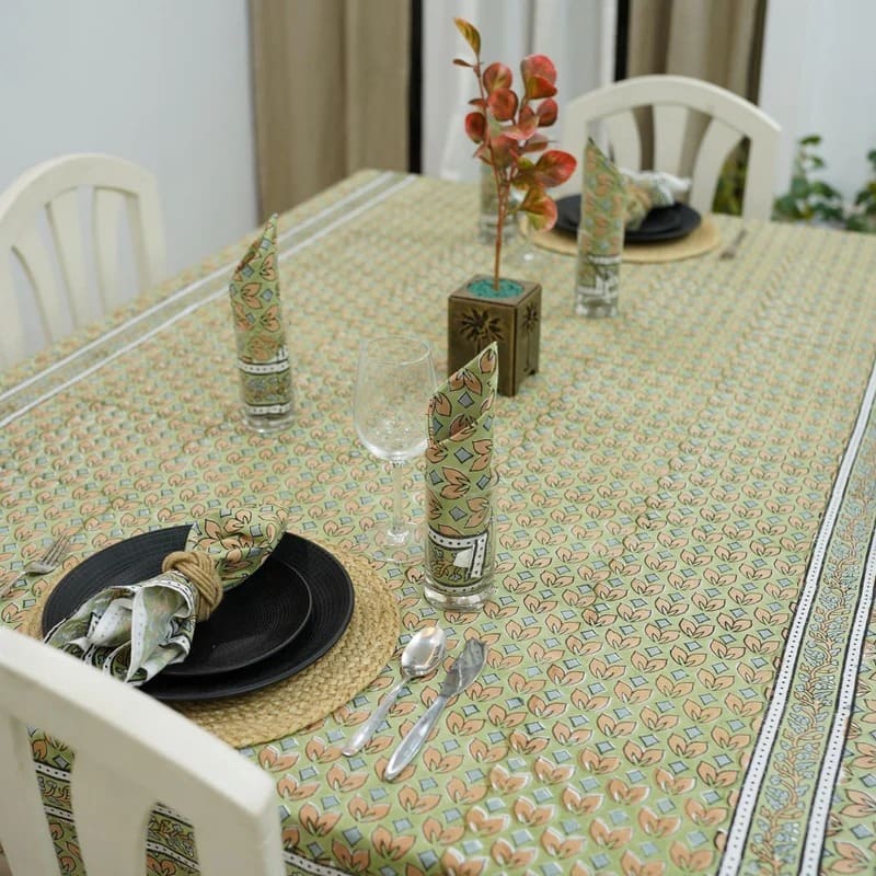 Master bedroom decor with vibrant printed table cloth