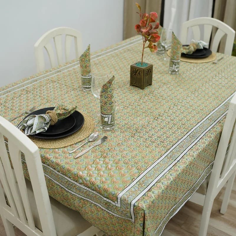 Contemporary bedroom with artistic printed table cloth