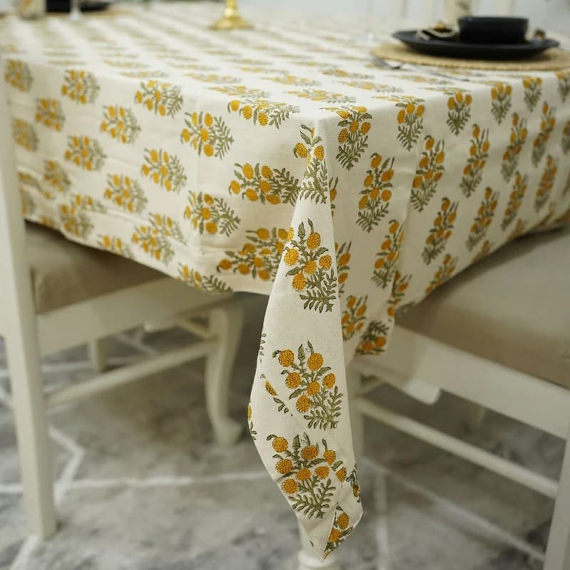 Hand print tablecloth for dining table with linen basket