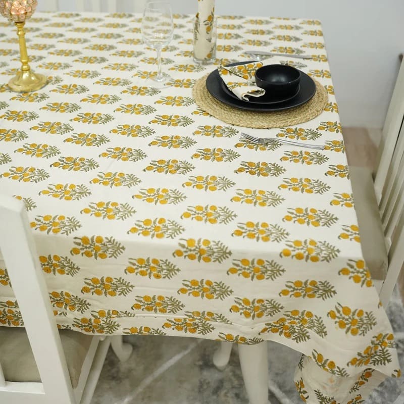 Handmade block print tablecloth with basket linen motif