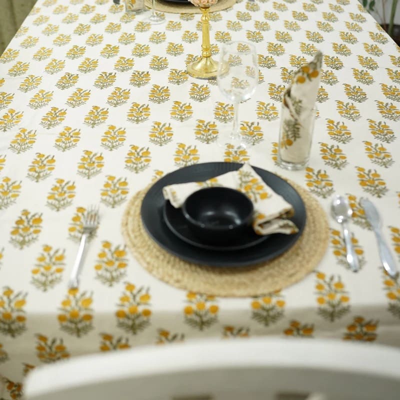 Basket linen tablecloth with hand print floral design