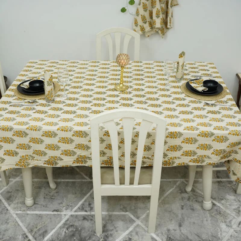 Block print tablecloth for farmhouse style dining table
