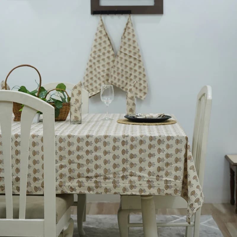 Block print tablecloth with floral basket linen design